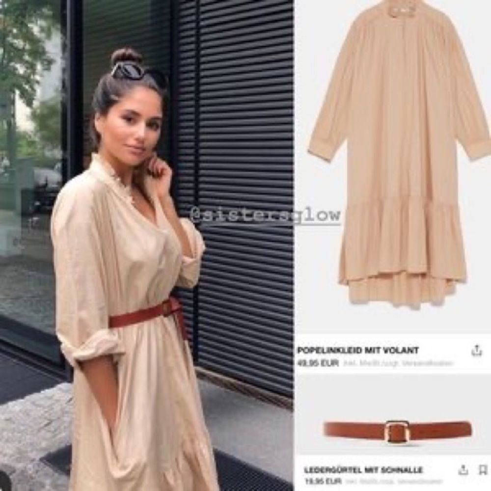 ZARA Cotton Poplin Long Sleeve Ruffled High Low Midi Dress Camel S